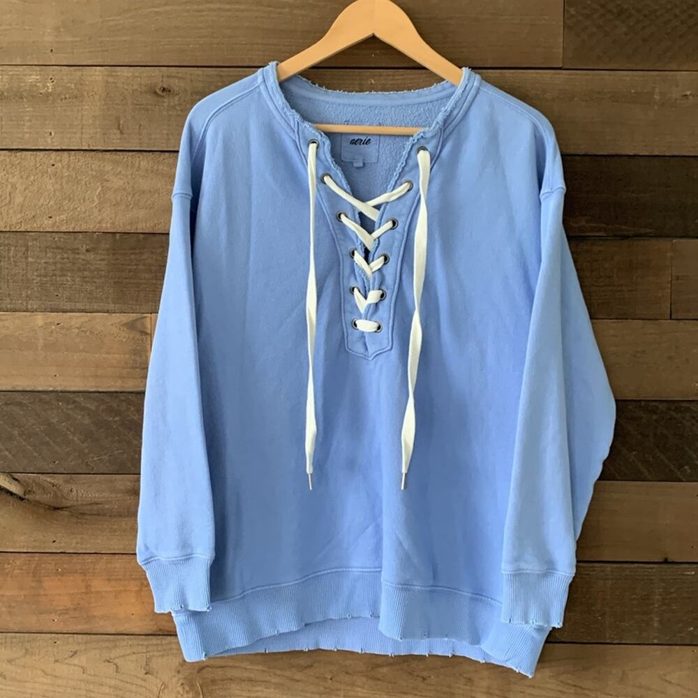Aerie Women's Lace Up Oversized Distressed Sweatshirt in Blue White - Picture 3 of 8